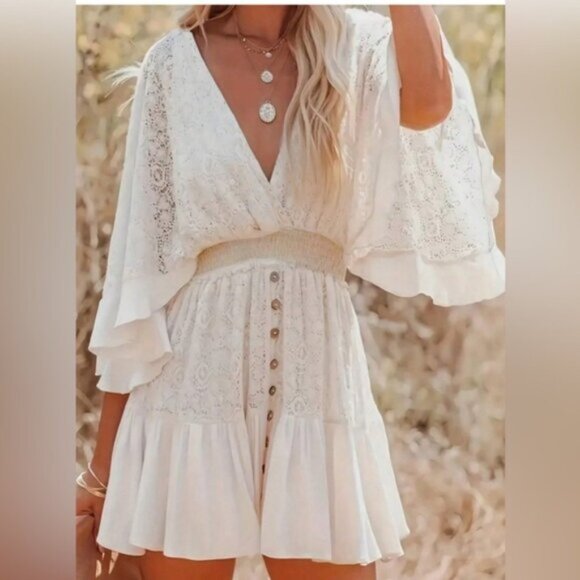 Boho Lace Batwing Sleeve Shirred Waist Dress Pink - Picture 3 of 3